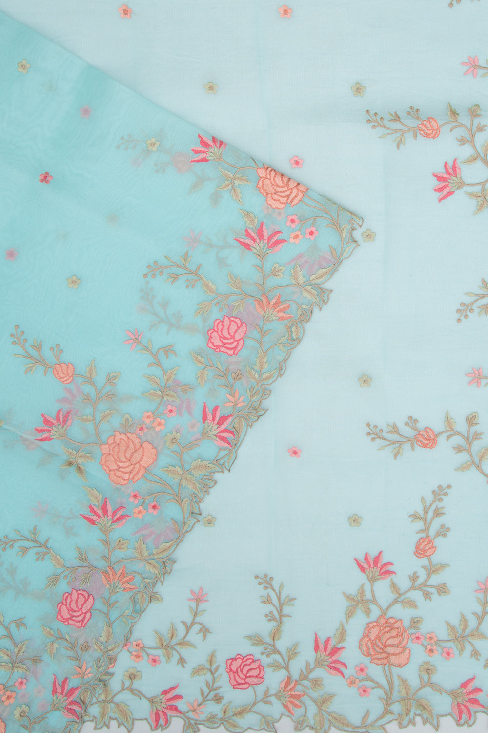 Organza Embroidery Butta Sky Blue Saree With Scallop Border