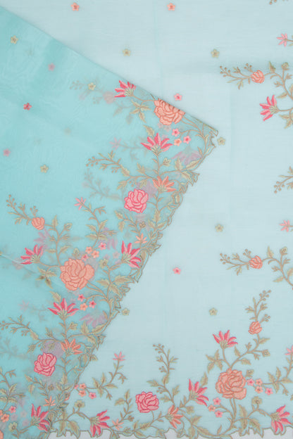 Organza Embroidery Butta Sky Blue Saree With Scallop Border