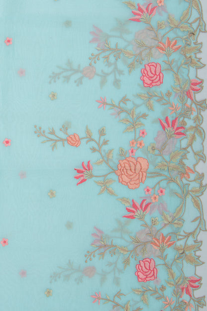 Organza Embroidery Butta Sky Blue Saree With Scallop Border