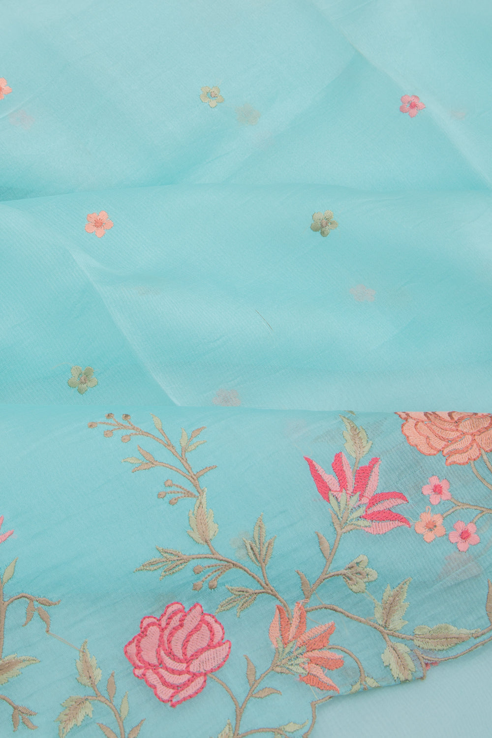 Organza Embroidery Butta Sky Blue Saree With Scallop Border