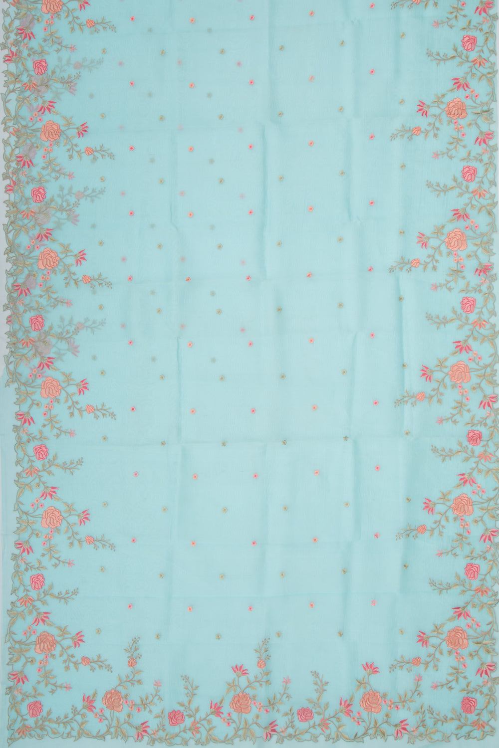Organza Embroidery Butta Sky Blue Saree With Scallop Border