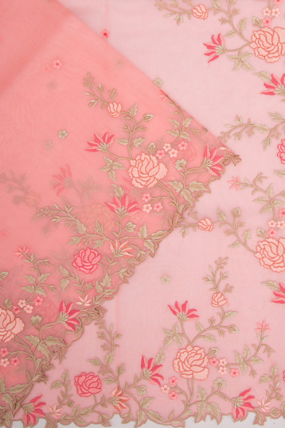 Organza Embroidery Butta Peach Saree With Scallop Border