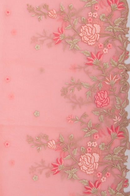 Organza Embroidery Butta Peach Saree With Scallop Border