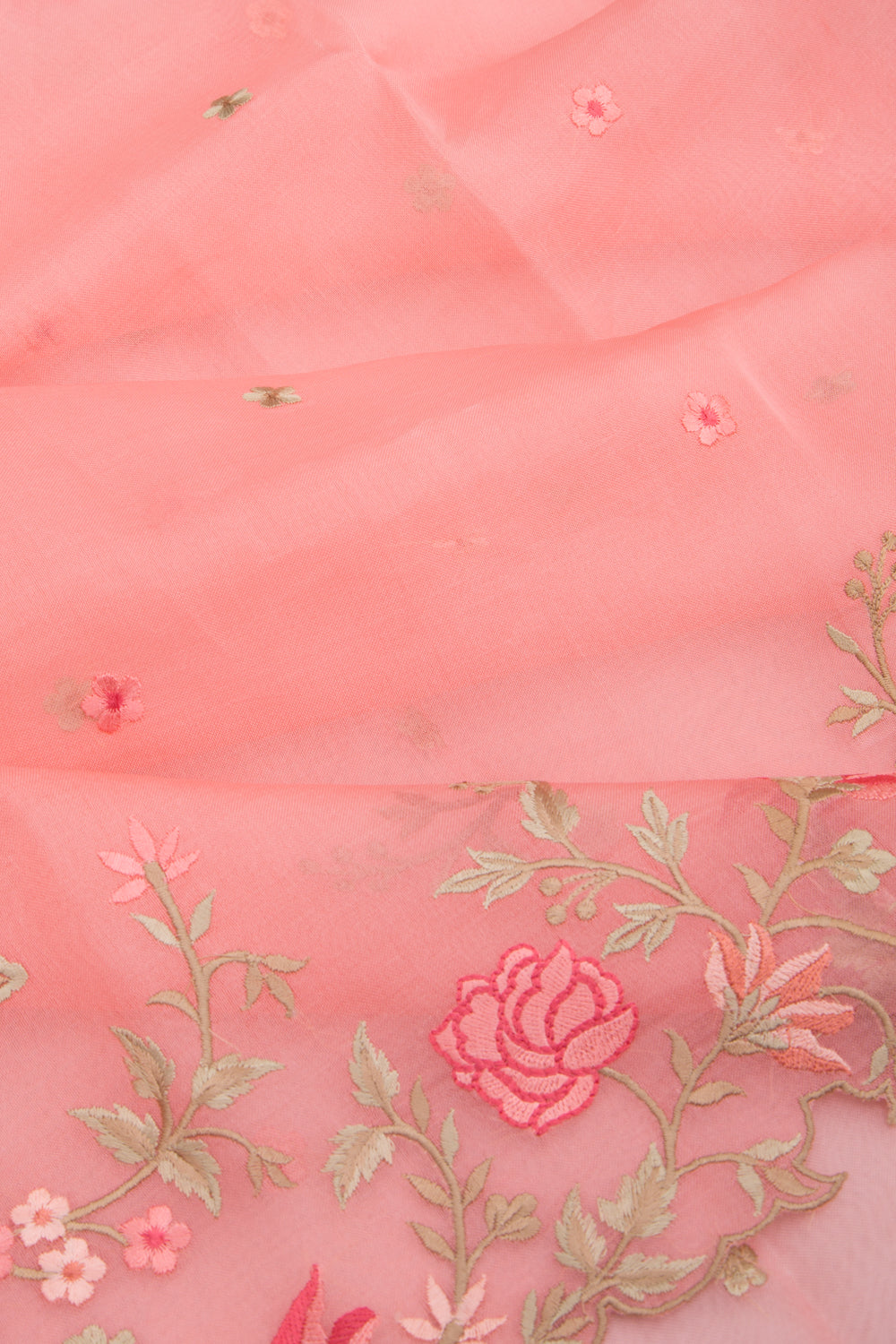 Organza Embroidery Butta Peach Saree With Scallop Border
