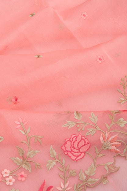 Organza Embroidery Butta Peach Saree With Scallop Border