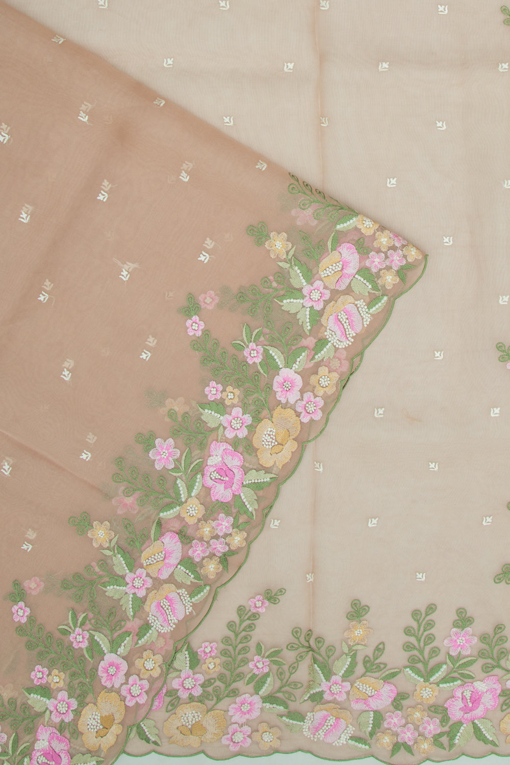 Organza Embroidery Butta Pastel Brown Saree With Scallop Border