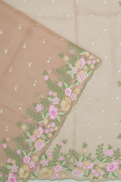 Organza Embroidery Butta Pastel Brown Saree With Scallop Border
