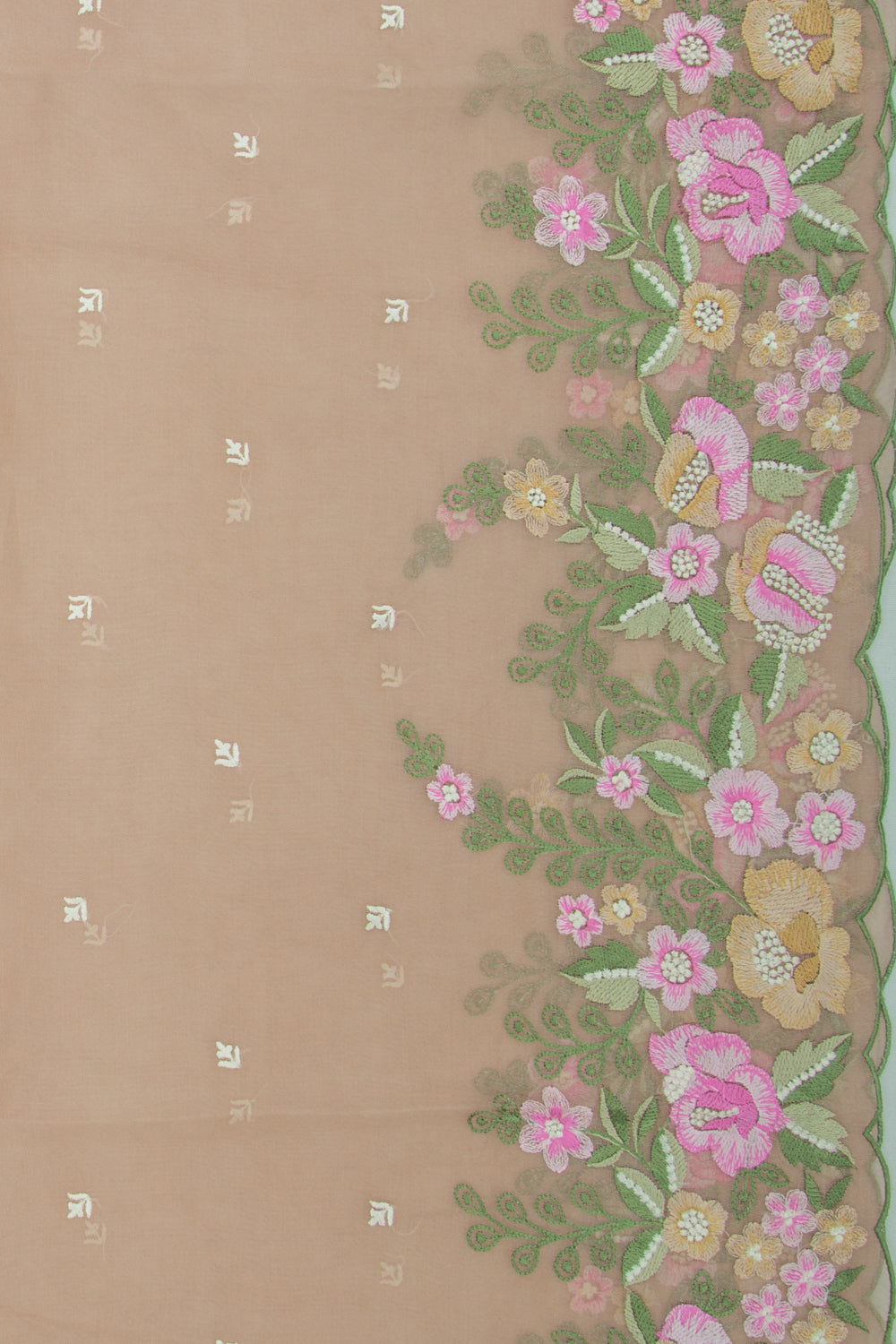 Organza Embroidery Butta Pastel Brown Saree With Scallop Border
