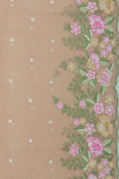 Organza Embroidery Butta Pastel Brown Saree With Scallop Border