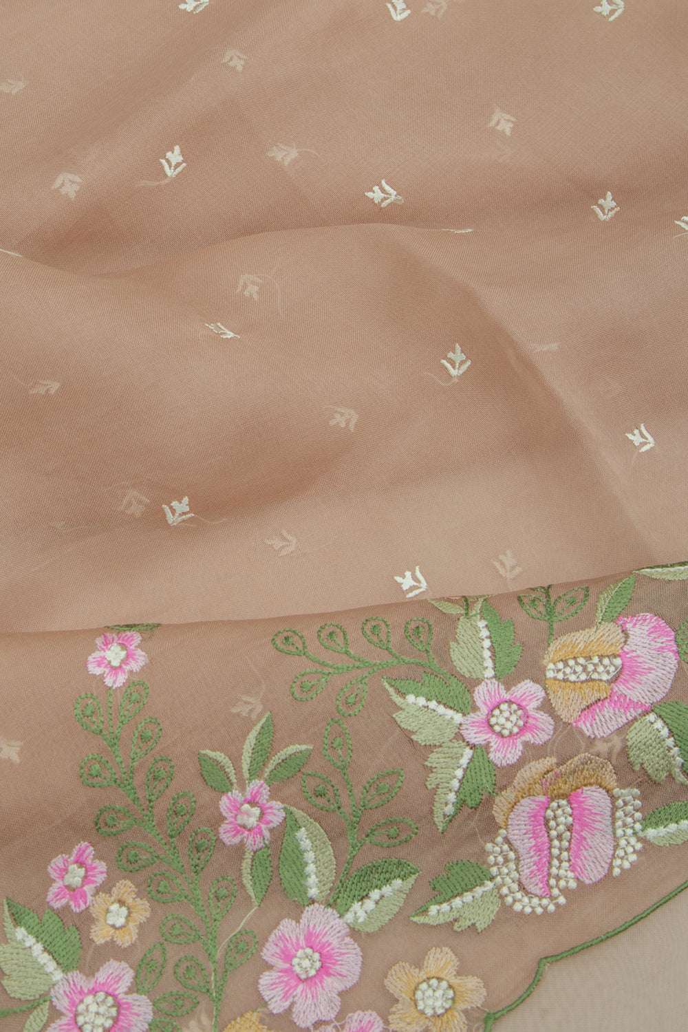 Organza Embroidery Butta Pastel Brown Saree With Scallop Border