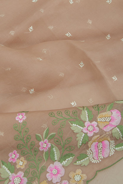 Organza Embroidery Butta Pastel Brown Saree With Scallop Border