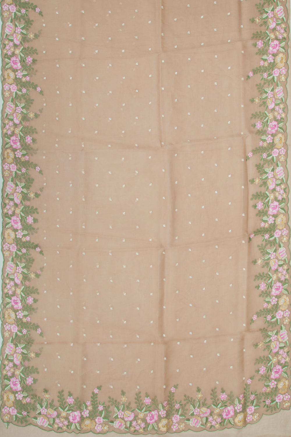 Organza Embroidery Butta Pastel Brown Saree With Scallop Border
