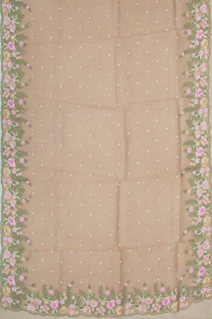 Organza Embroidery Butta Pastel Brown Saree With Scallop Border