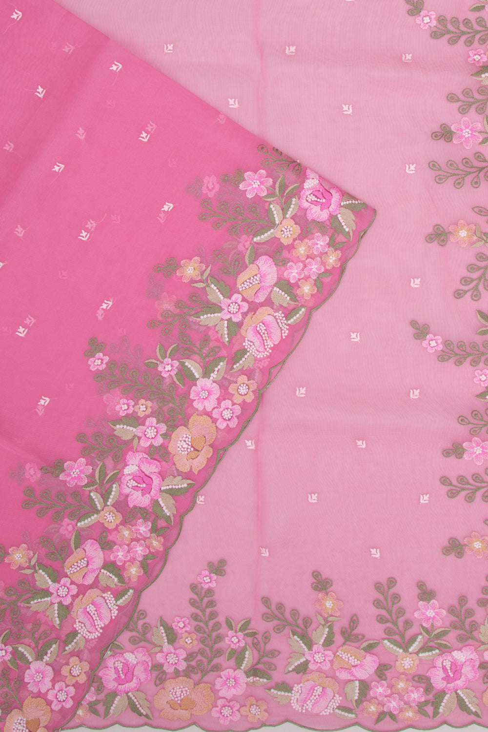 Organza Embroidery Butta Pink Saree With Scallop Border