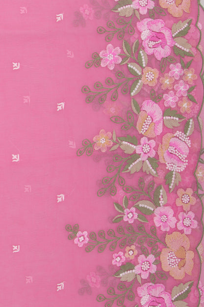 Organza Embroidery Butta Pink Saree With Scallop Border