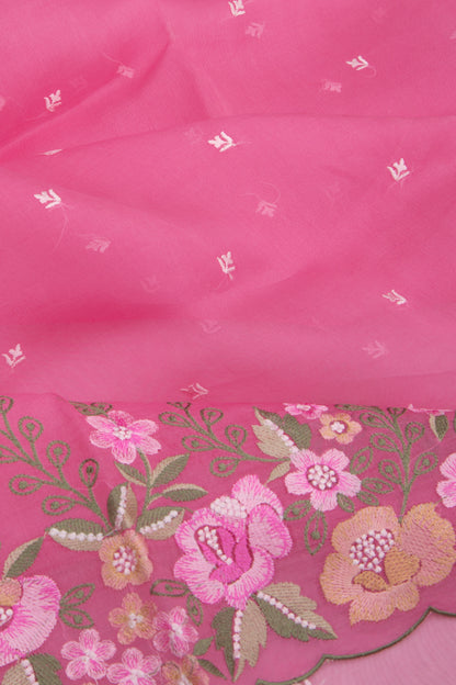 Organza Embroidery Butta Pink Saree With Scallop Border