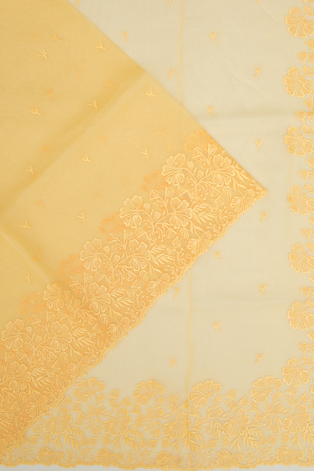 Organza Embroidery Butta Yellow Saree With Scallop Border