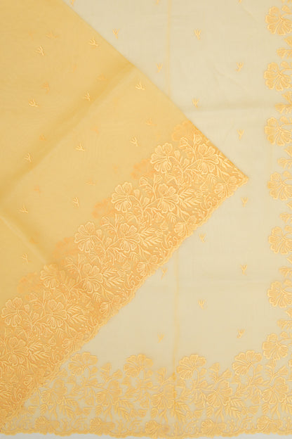 Organza Embroidery Butta Yellow Saree With Scallop Border