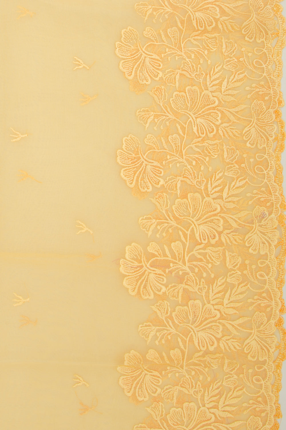 Organza Embroidery Butta Yellow Saree With Scallop Border