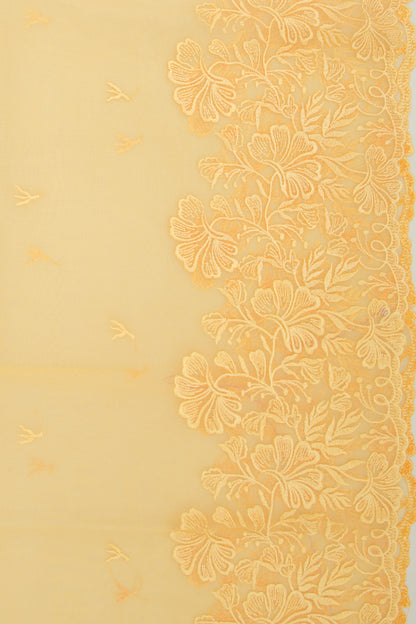 Organza Embroidery Butta Yellow Saree With Scallop Border