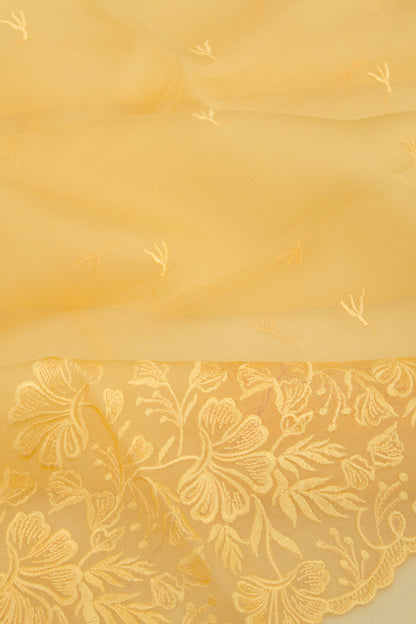 Organza Embroidery Butta Yellow Saree With Scallop Border