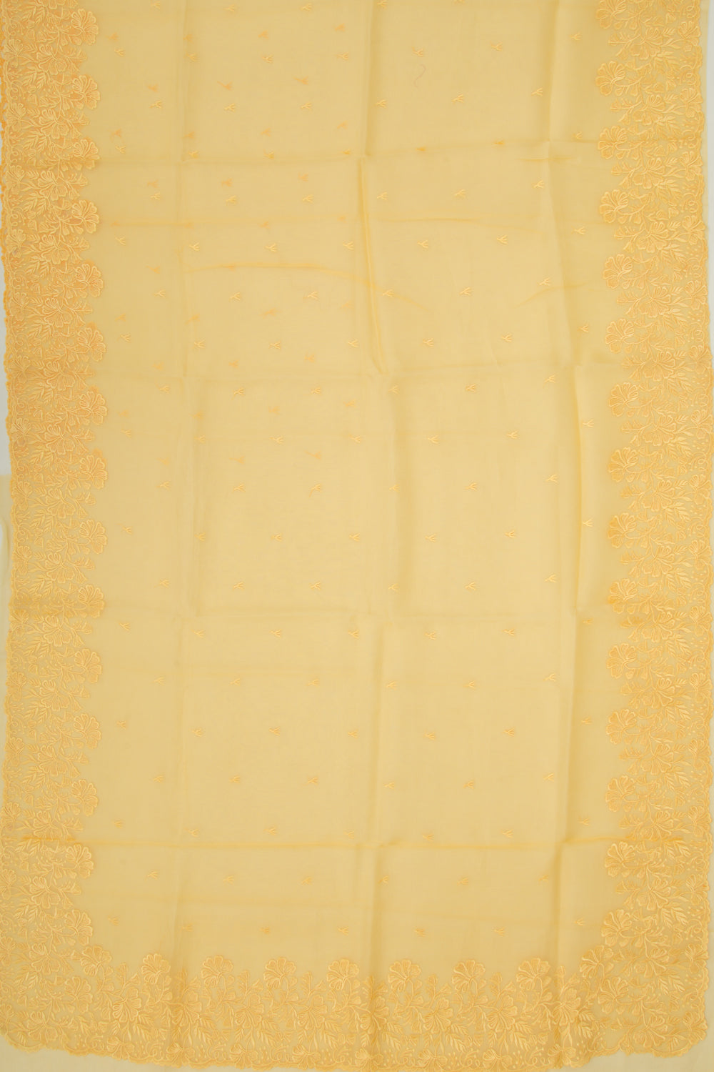 Organza Embroidery Butta Yellow Saree With Scallop Border