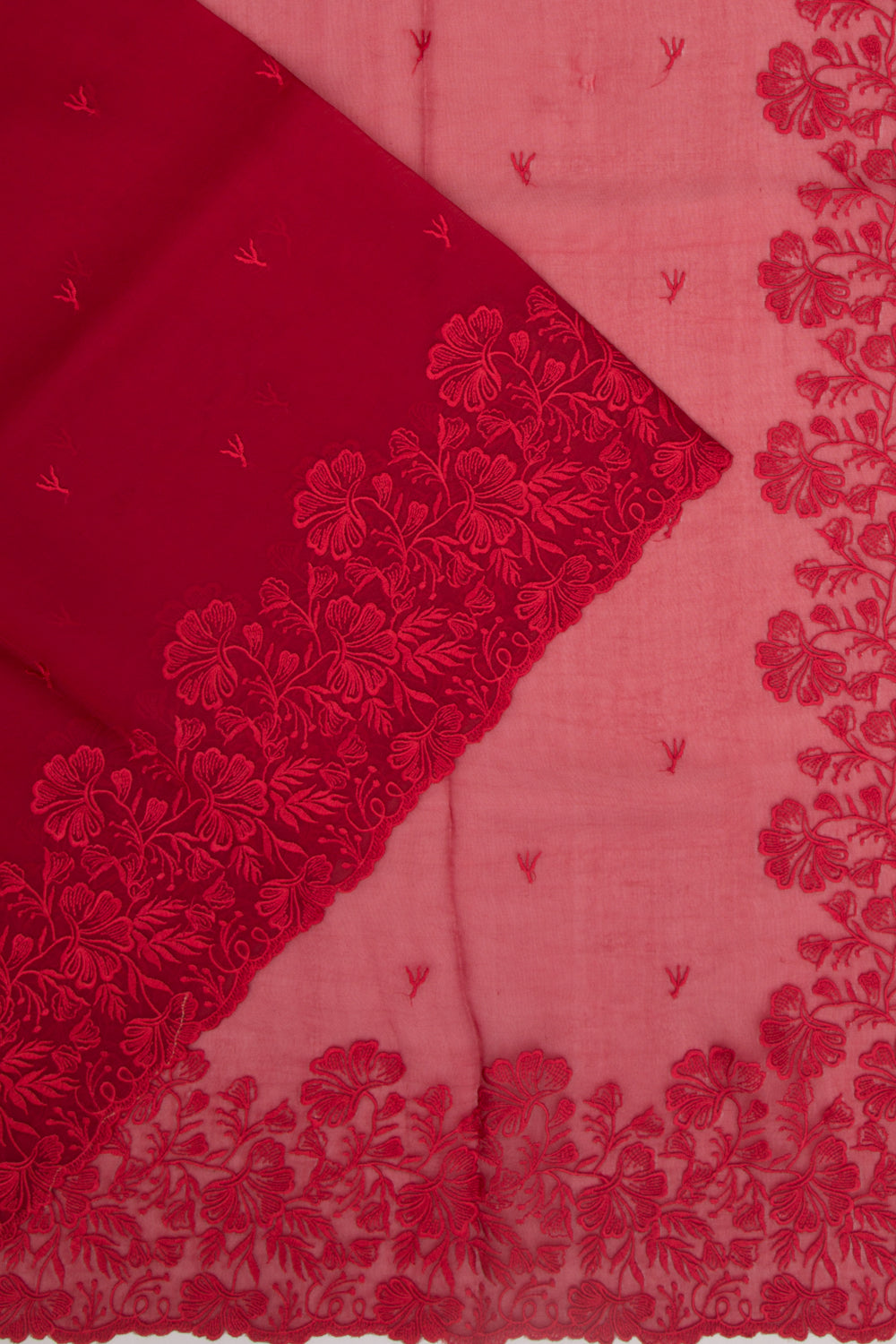 Organza Embroidery Butta Red Saree With Scallop Border