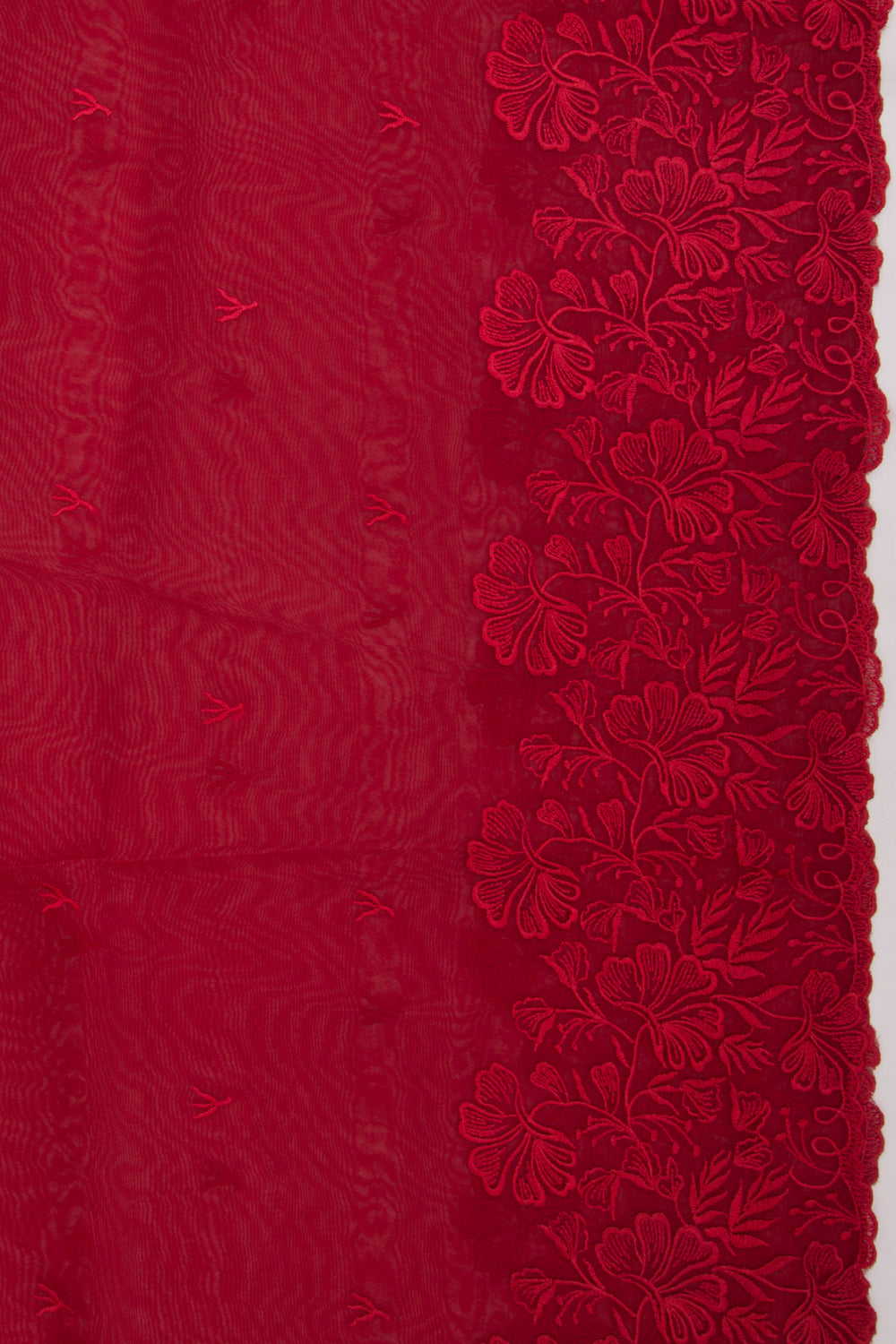 Organza Embroidery Butta Red Saree With Scallop Border