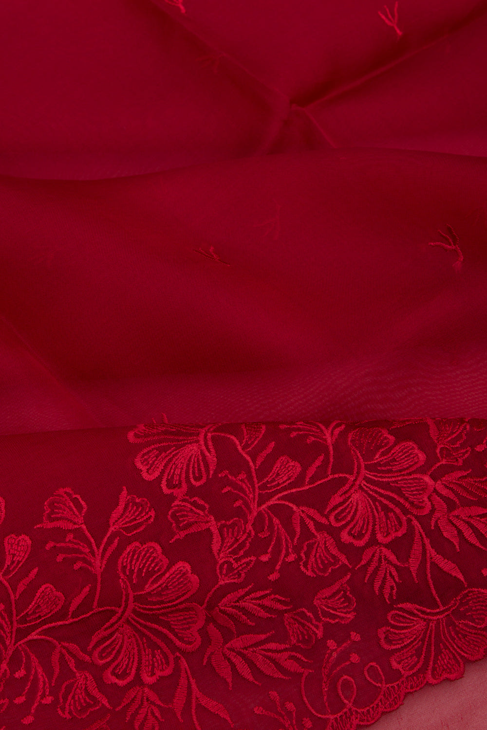 Organza Embroidery Butta Red Saree With Scallop Border