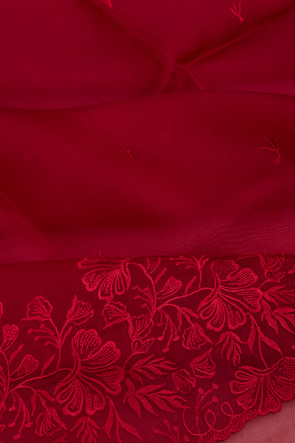 Organza Embroidery Butta Red Saree With Scallop Border
