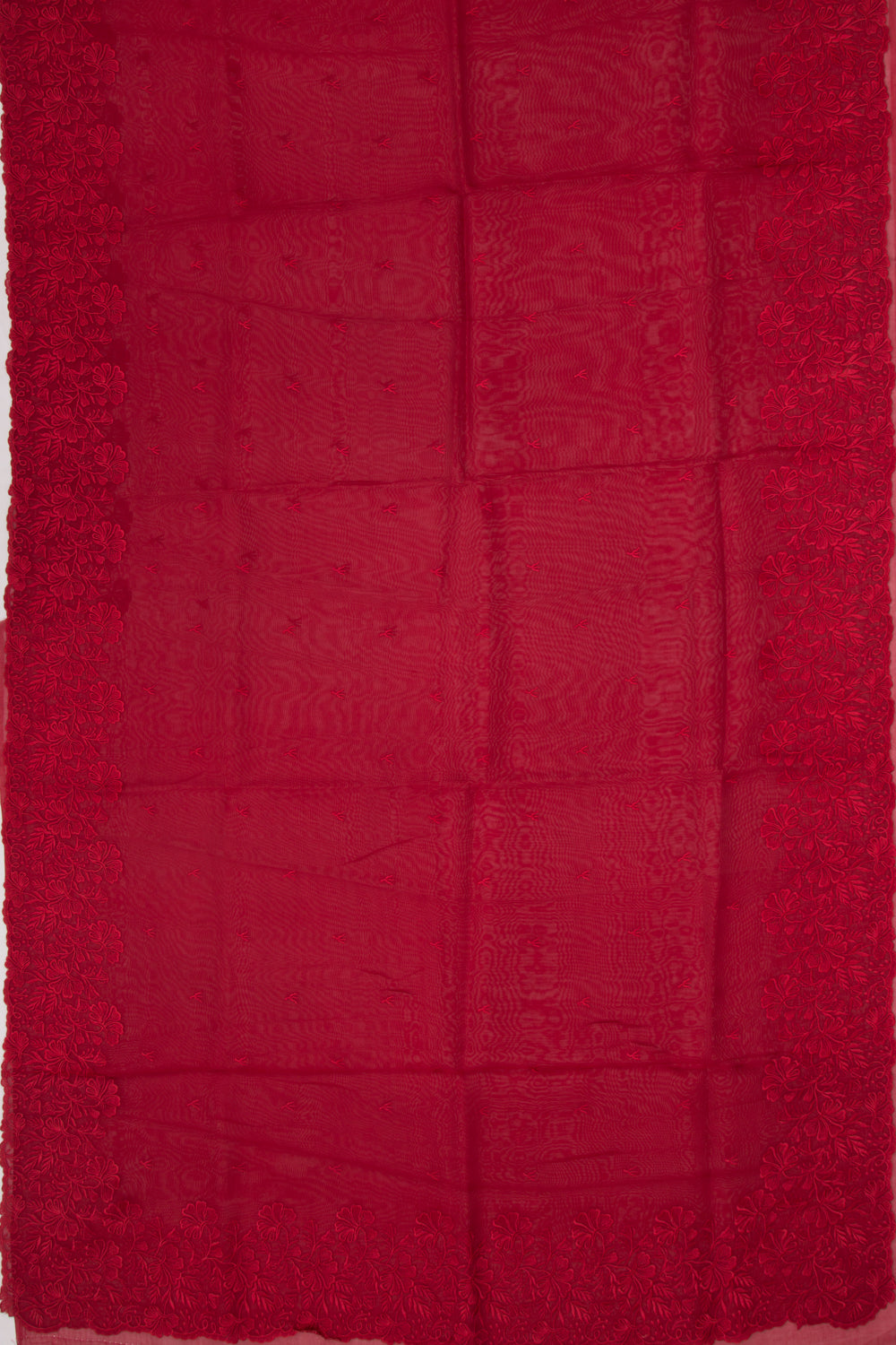 Organza Embroidery Butta Red Saree With Scallop Border