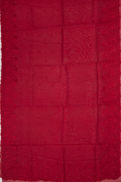 Organza Embroidery Butta Red Saree With Scallop Border