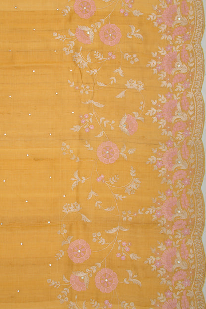 Tussar Butta Mustard Yellow Saree With Scallop Border