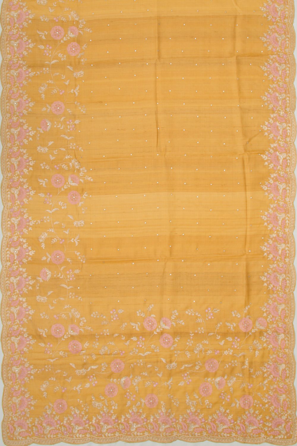 Tussar Butta Mustard Yellow Saree With Scallop Border