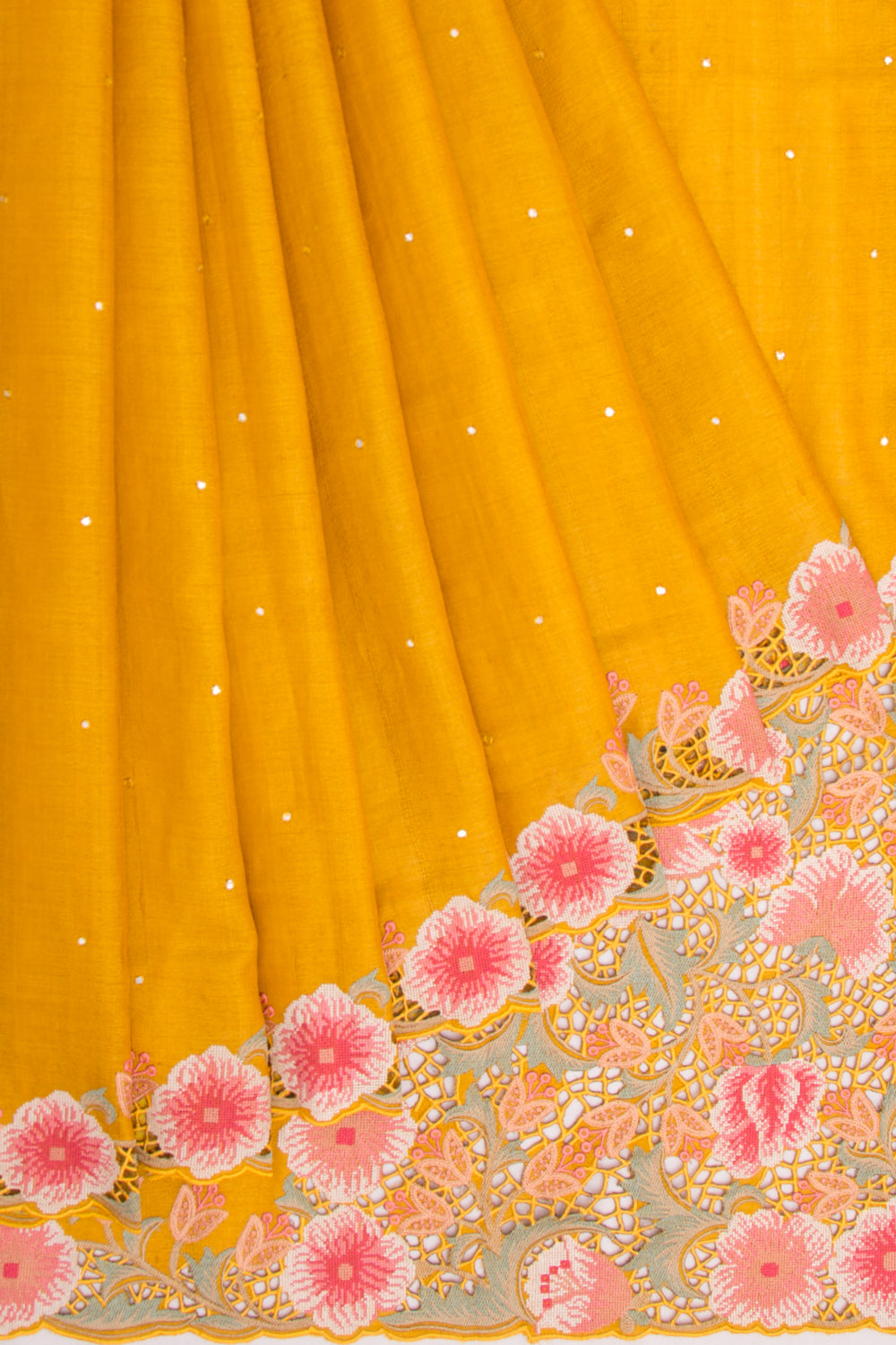 Tussar Butta Mustard Yellow Saree With Scallop Border And Cutwork