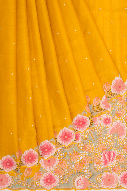 Tussar Butta Mustard Yellow Saree With Scallop Border And Cutwork