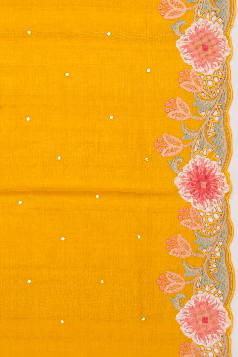 Tussar Butta Mustard Yellow Saree With Scallop Border And Cutwork