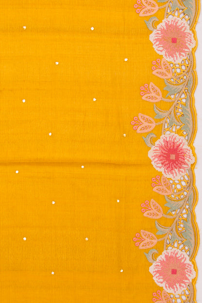 Tussar Butta Mustard Yellow Saree With Scallop Border And Cutwork
