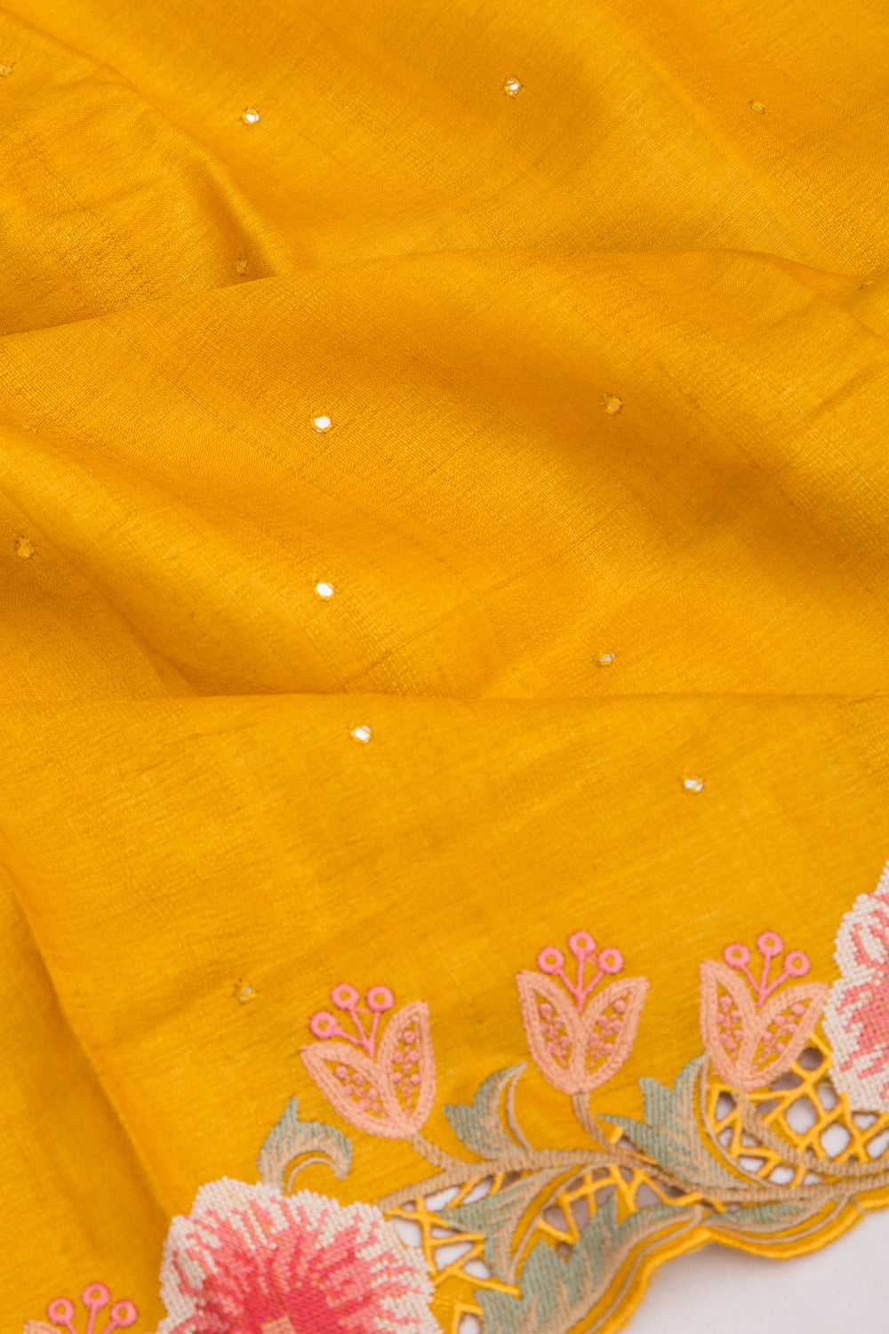 Tussar Butta Mustard Yellow Saree With Scallop Border And Cutwork