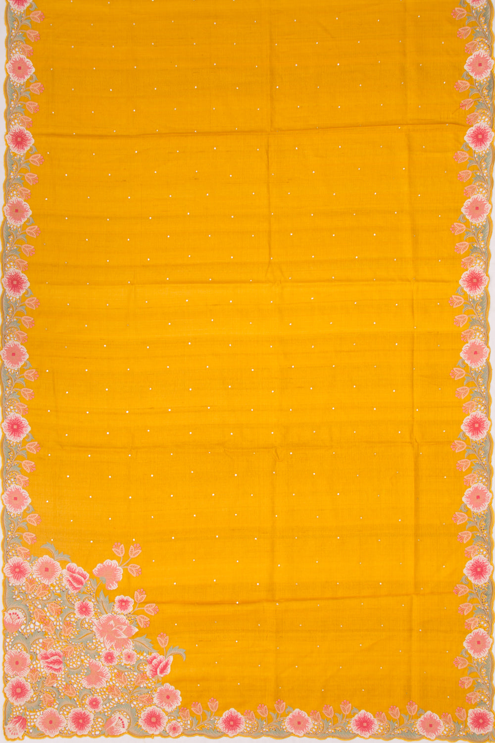 Tussar Butta Mustard Yellow Saree With Scallop Border And Cutwork