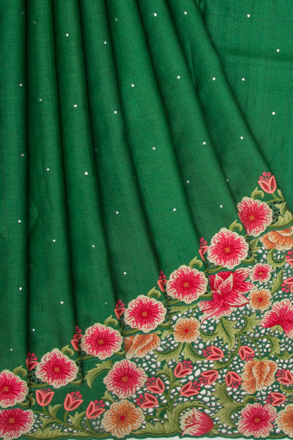 Tussar Butta Bottle Green Saree With Scallop Border And Cut Work