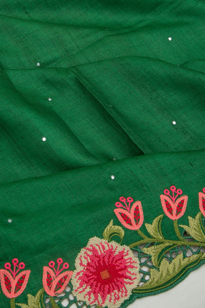 Tussar Butta Bottle Green Saree With Scallop Border And Cut Work