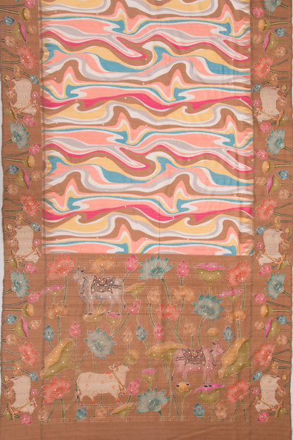 Tussar Embroidery And Pichwai Printed Multicolour Saree
