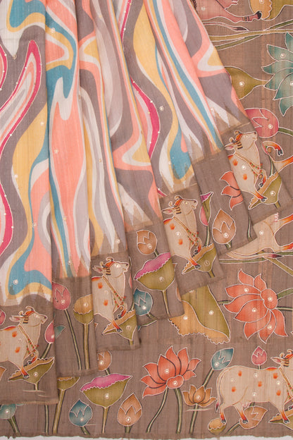 Tussar Embroidery And Pichwai Printed Multicolour Saree