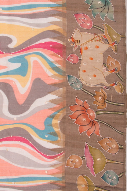 Tussar Embroidery And Pichwai Printed Multicolour Saree
