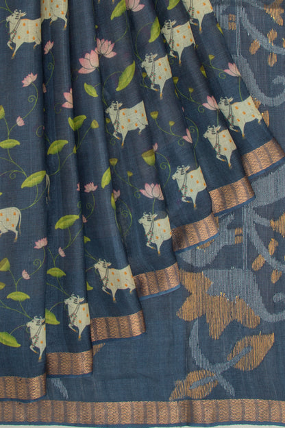 Tussar Tissue Pichwai Printed Dark Blue Saree