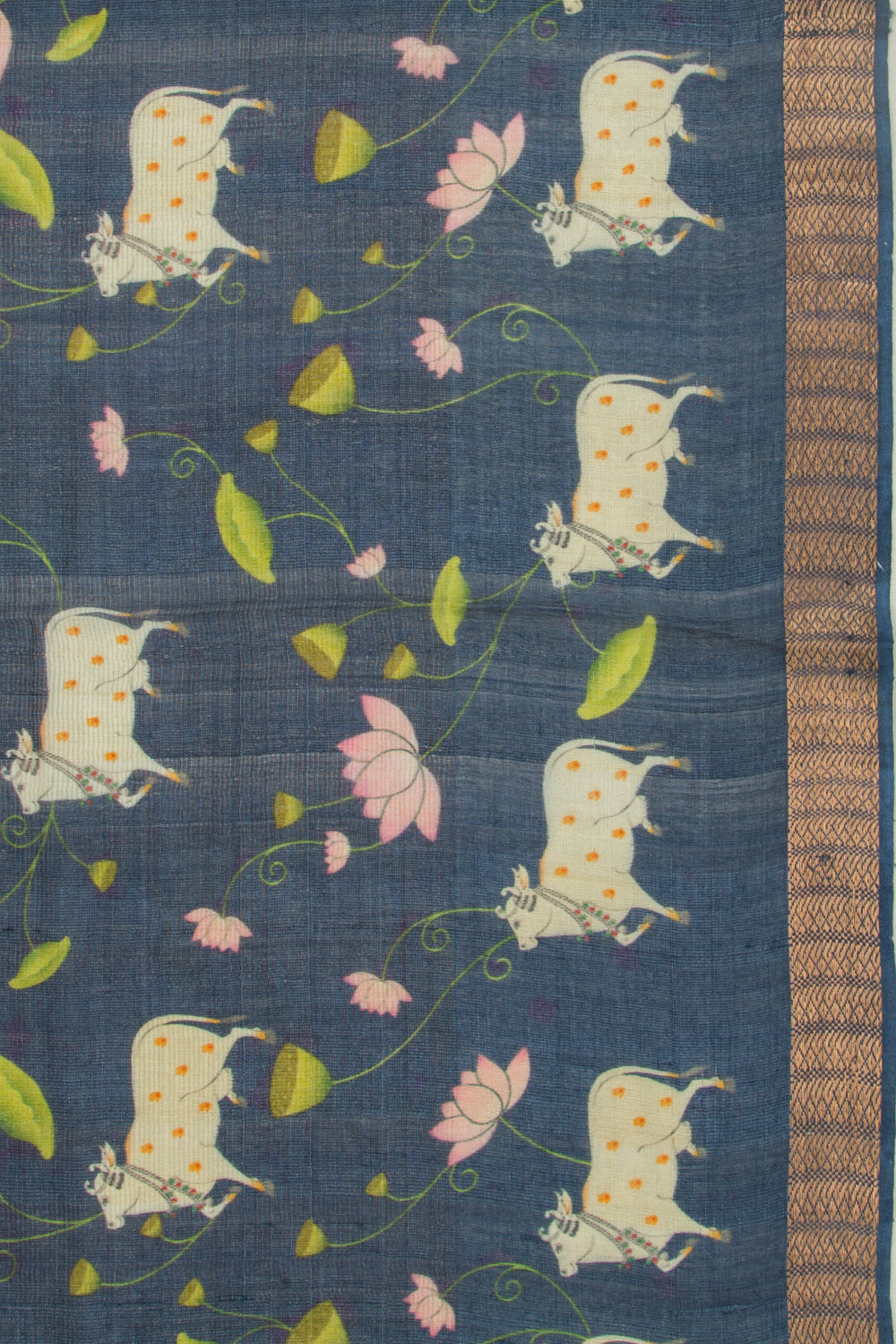 Tussar Tissue Pichwai Printed Dark Blue Saree