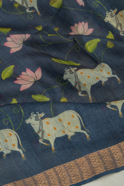 Tussar Tissue Pichwai Printed Dark Blue Saree