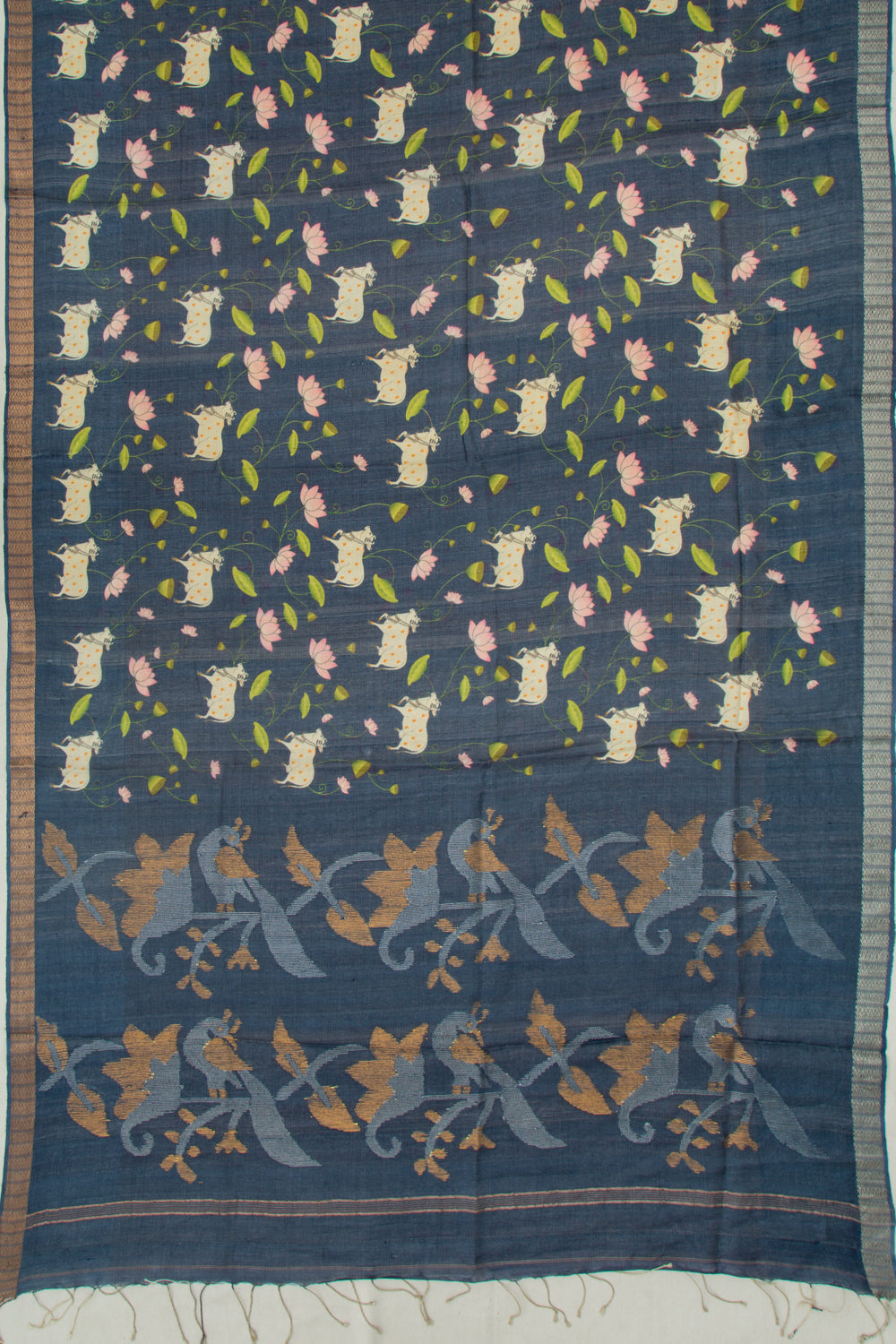 Tussar Tissue Pichwai Printed Dark Blue Saree