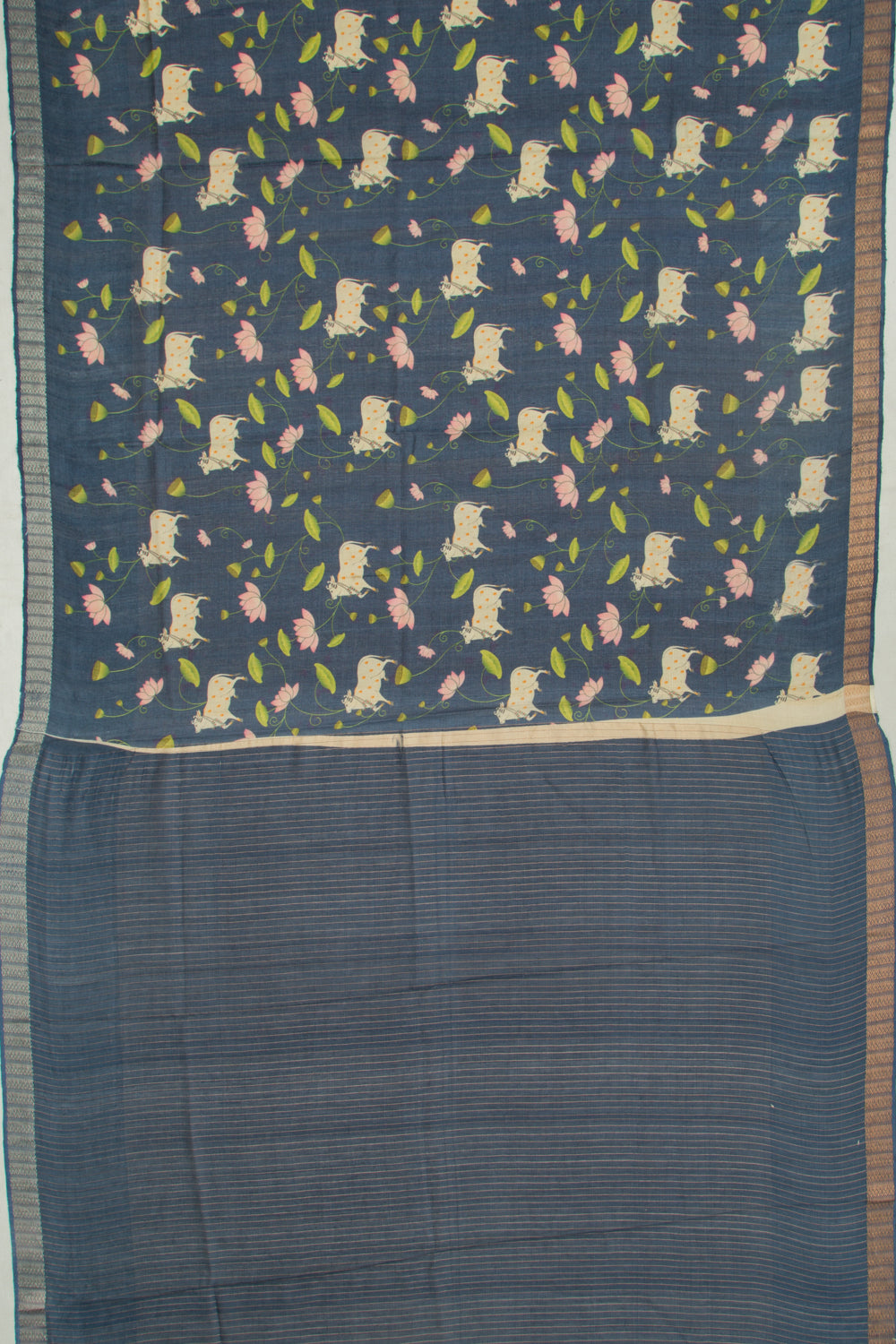 Tussar Tissue Pichwai Printed Dark Blue Saree